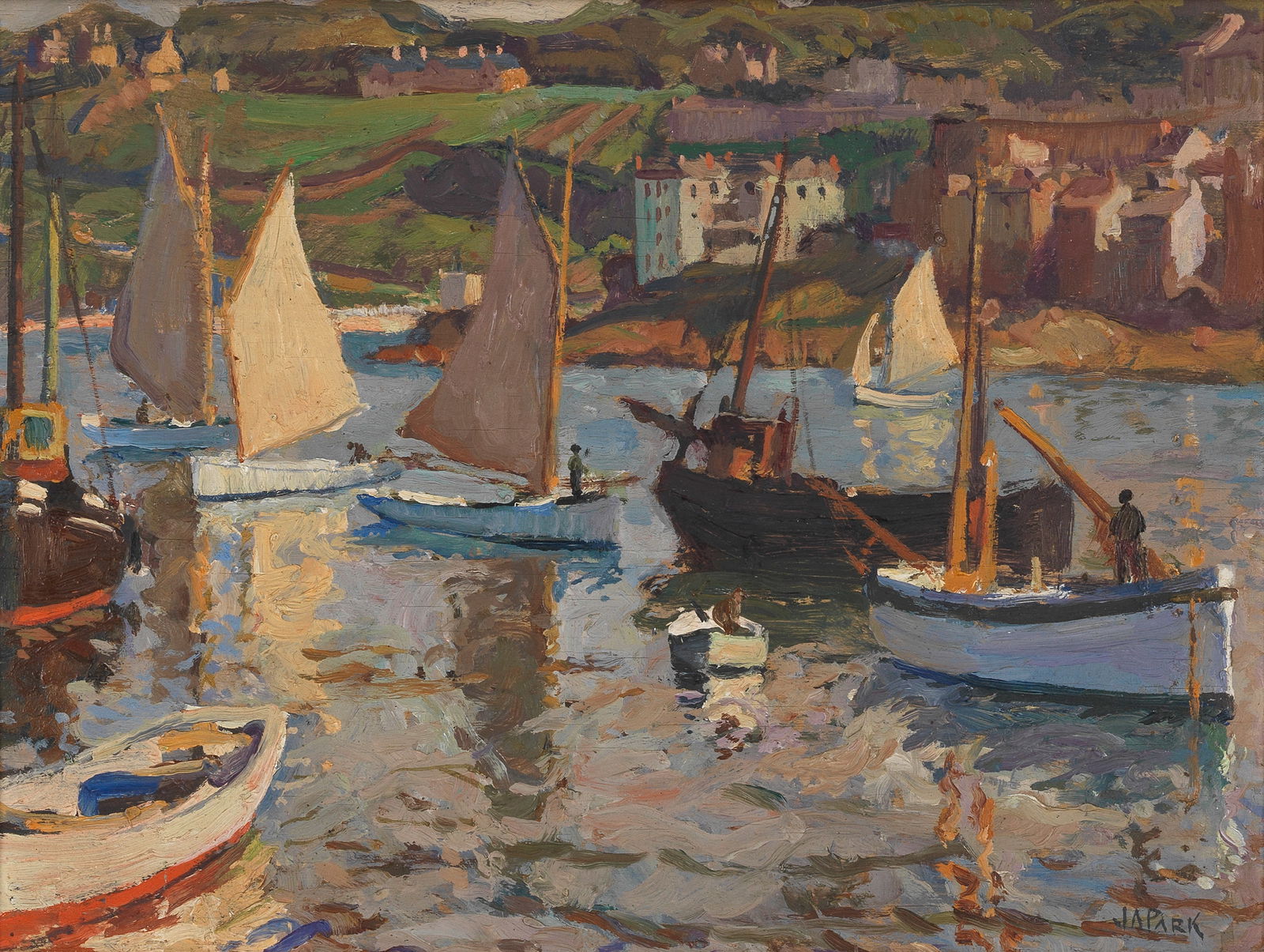 John Anthony Park (British, 1880-1962) Sailing boats in a Cornish harbour: John Anthony Park (British, 1880-1962) Sailing boats in a Cornish harbour signed 'JAPARK' (lower right) oil on board 33 x 44cm (13 x 17 5/16in). This lot is subject to the following lot symbols: A