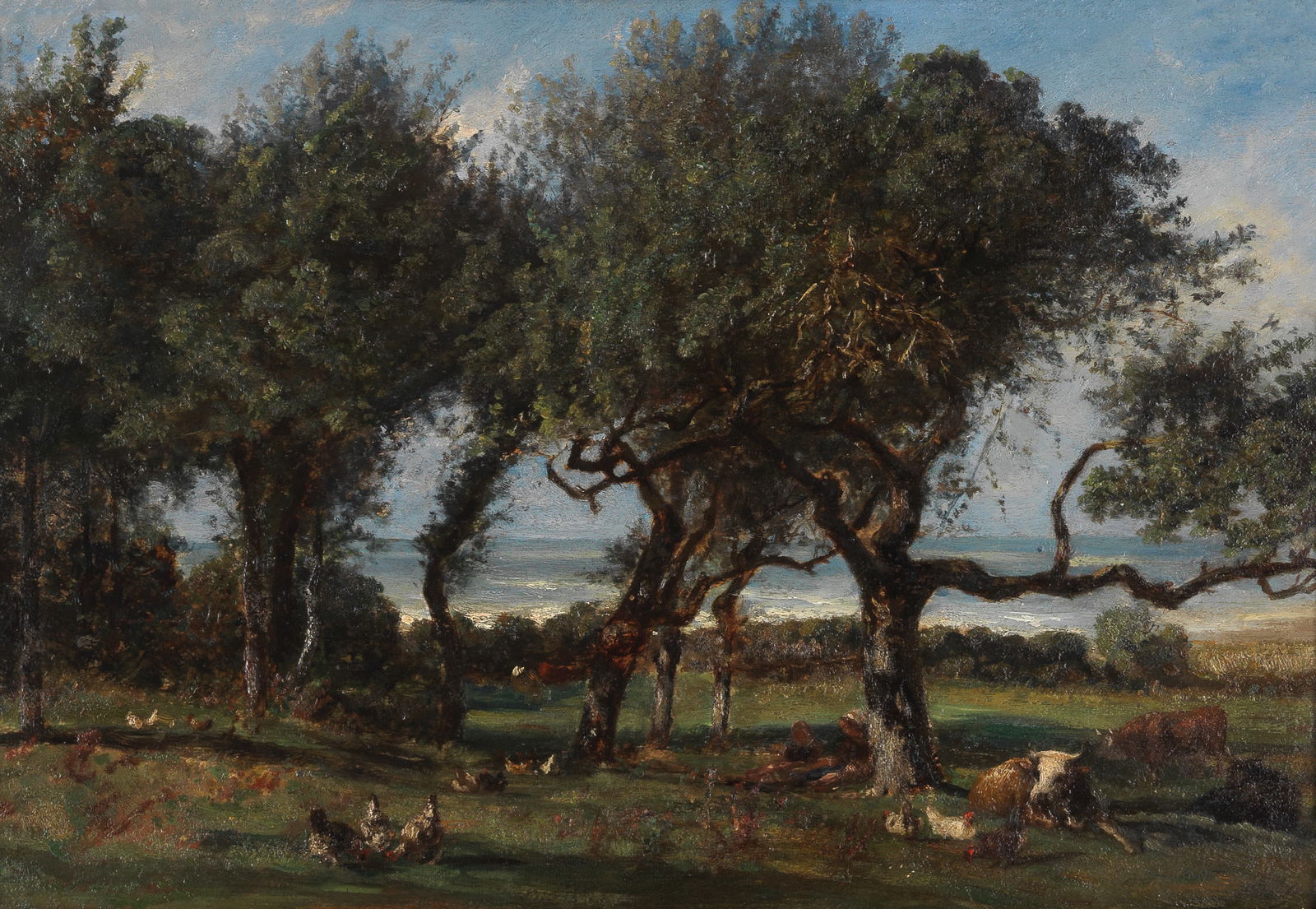 Paul Huet (French, 1803-1869) 'Cour de ferme à Villers-sur-Mer': Paul Huet (French, 1803-1869) 'Cour de ferme à Villers-sur-Mer' signed 'Paul Huet' (lower right); further signed, inscribed and dated 'Paul Huet Cour de ferme à Villers sur mer en 1856' (on