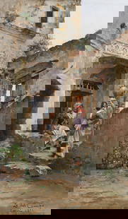 Federico del Campo (Peruvian, 1837-1923) Women in a courtyard, Capri: Federico del Campo (Peruvian, 1837-1923) Women in a courtyard, Capri signed, inscribed and dated 'F del Campo/Capri 1881' (lower right) oil on board 19.3 x 11.5cm (7 5/8 x 4 1/2in). Footnotes: