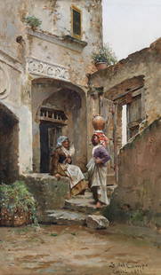 Federico del Campo (Peruvian, 1837-1923) Women in a courtyard, Capri: Federico del Campo (Peruvian, 1837-1923) Women in a courtyard, Capri signed, inscribed and dated 'F del Campo/Capri 1881' (lower right) oil on board 19.3 x 11.5cm (7 5/8 x 4 1/2in). Footnotes: