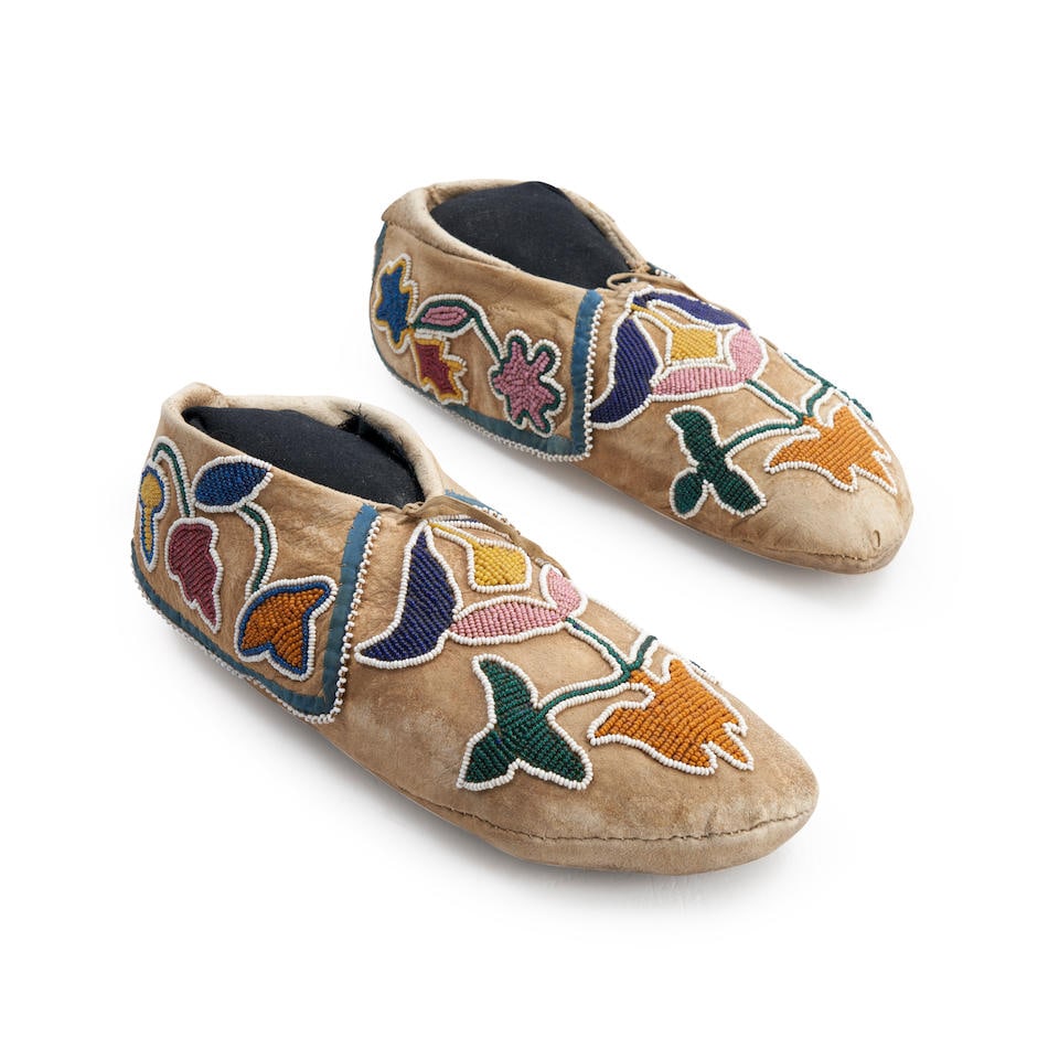 A pair of Prairie beaded hide moccasins lg. 10 1/2 in. (1 of 3)