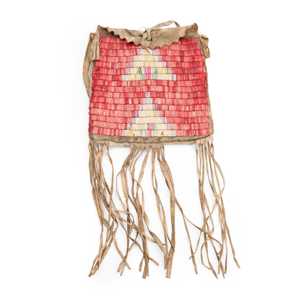 A Plains quilled hide bag size of bag 7 1/2 x 7 1/4, lg. with fringe 15 in. (1 of 3)
