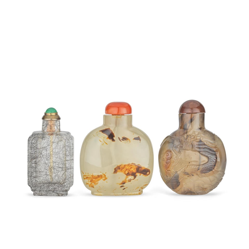 TWO AGATE SNUFF BOTTLES AND A HAIR CRYSTAL SNUFF BOTTLE 19th century (6) (1 of 2)