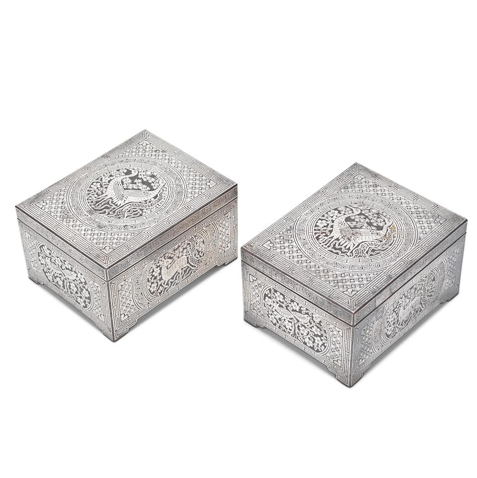 A PAIR OF SILVER-INLAID 'AUSPICIOUS ANIMALS' BOXES AND COVERS Korea, Joseon Dynasty, 19th centur... (1 of 1)