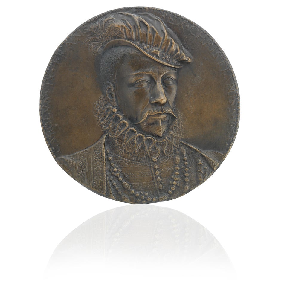 A bronze medallion of Charles IX of France Modelled by Germain Pilon: A bronze medallion of Charles IX of France Modelled by Germain Pilon Shown wearing a cap and ruff, 16cm diameter For further information on this lot please visit Bonhams.com For further information ab