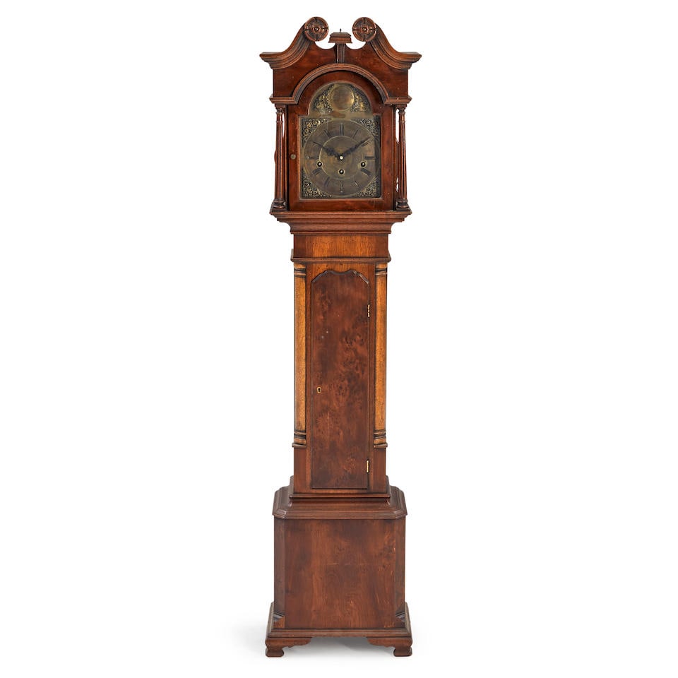 Diminutive Tall Case Clock, England,: Diminutive Tall Case Clock, England, the brass dial inscribed John Thompson London, walnut and burlwood case, broken arch pediment, ht. 55 in. Footnotes: Provenance: From a Newport Rhode Island estate