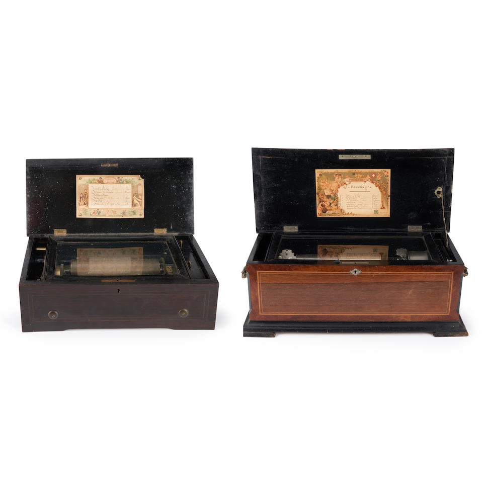 Two Marquetry Inlaid Cylinder Music Boxes, Swiss, (1 of 2)
