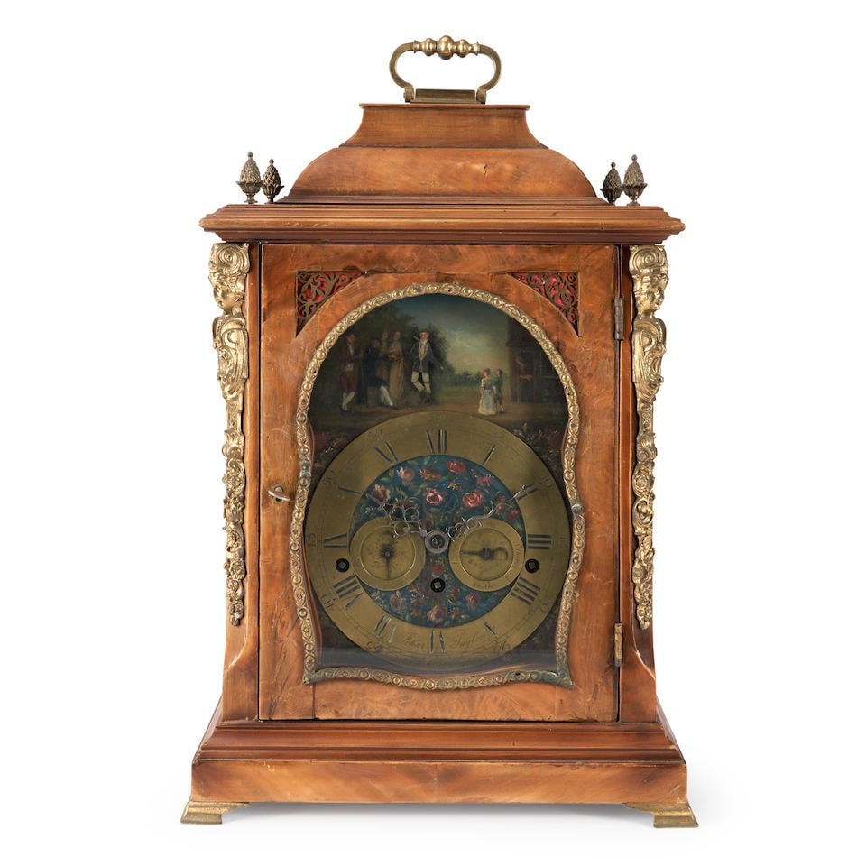 Georgian Bracket Clock, England, 18th century,: Georgian Bracket Clock, England, 18th century, John Taylor, London, with polychrome enameled atomaton above a brass and floral enameled dial, ht. 18 1/4; and with bale handle. Footnotes: Provenance: F
