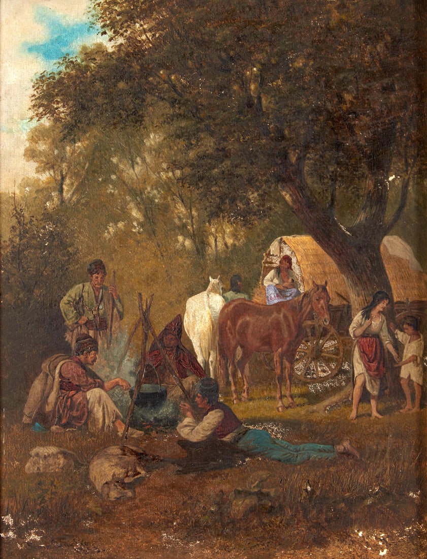 FRANZ QUAGLIO (German, 1844-1920) Travelers Camping for the Evening framed 35.5 x 30.3 x 4.3 cm ... (1 of 4)
