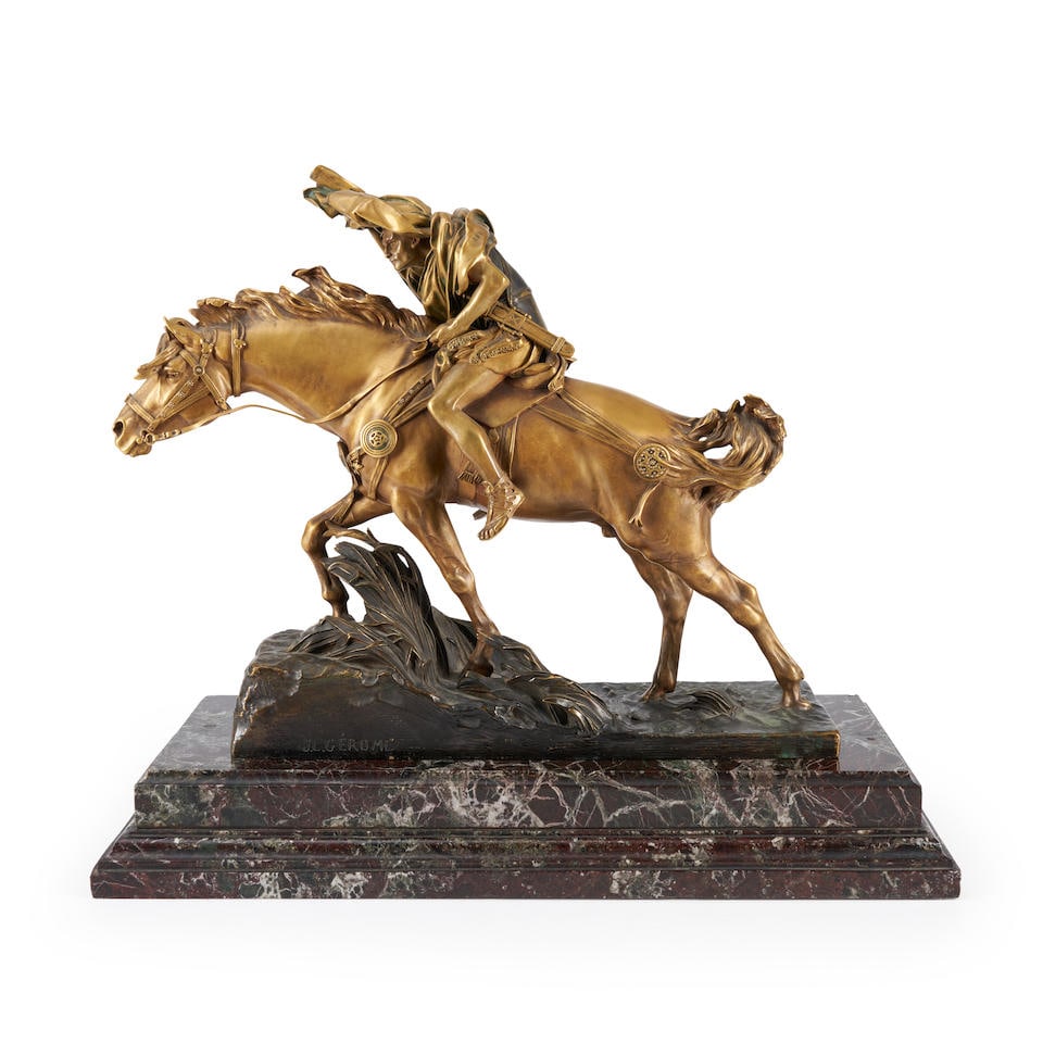 Jean-Léon Gérôme (French, 1824-1904): Jean-Léon Gérôme (French, 1824-1904) Gilded and Patinated Bronze Depiction of Caesar Crossing the Rubicon, signed J.L. Gerome and inscribed 'France', set atop a stepped marble base, ove