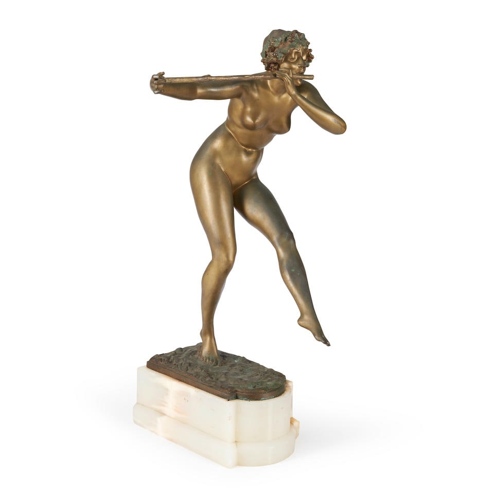 Paul Philippe (French 1870-1930) Art Deco Bronze Sculpture of a Nymph,: Paul Philippe (French 1870-1930) Art Deco Bronze Sculpture of a Nymph, golden brown patina modeled as a nude figure playing a long branch-like flute, inscribed signature, standing atop an onyx base, o