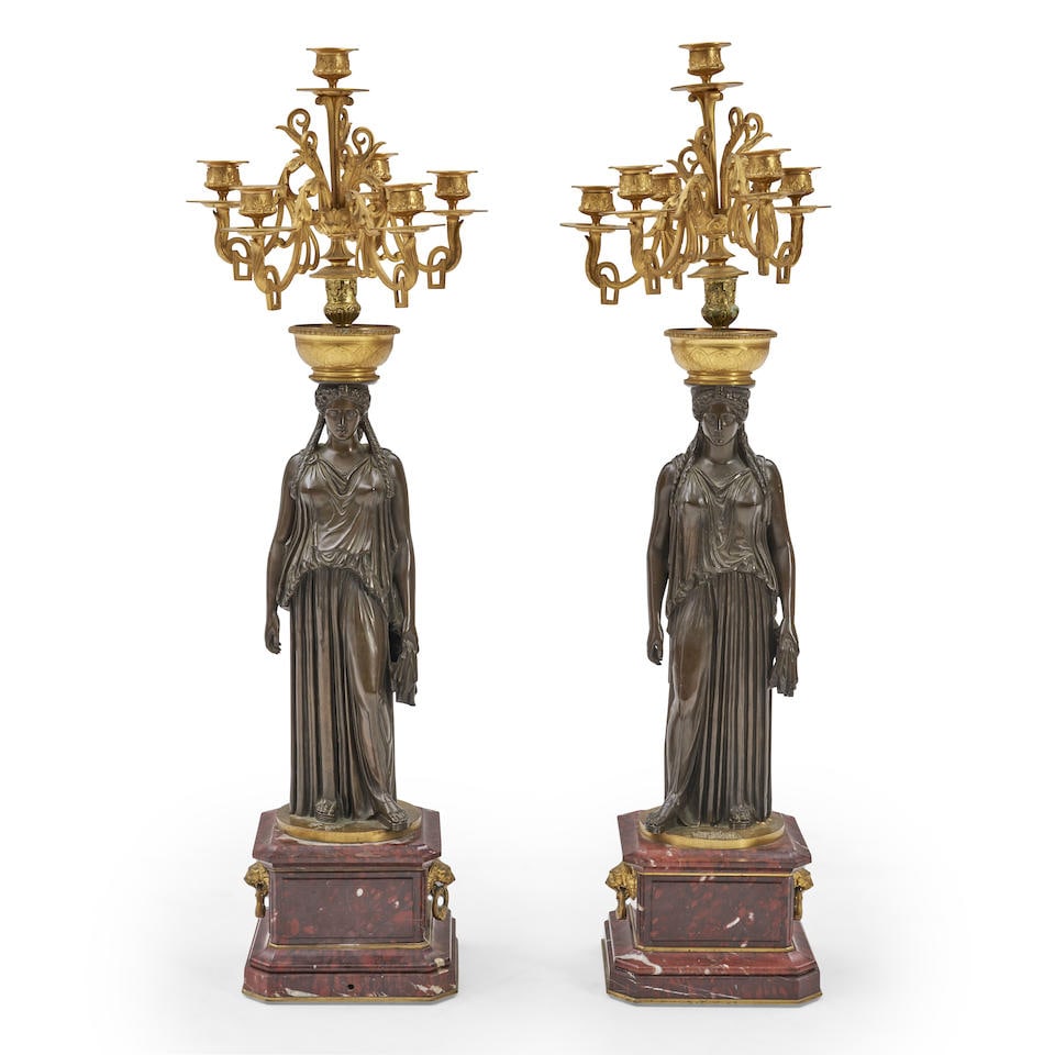 Pair of Gilded and Patinated Bronze Figural Candelabra, France 19th century, (1 of 1)