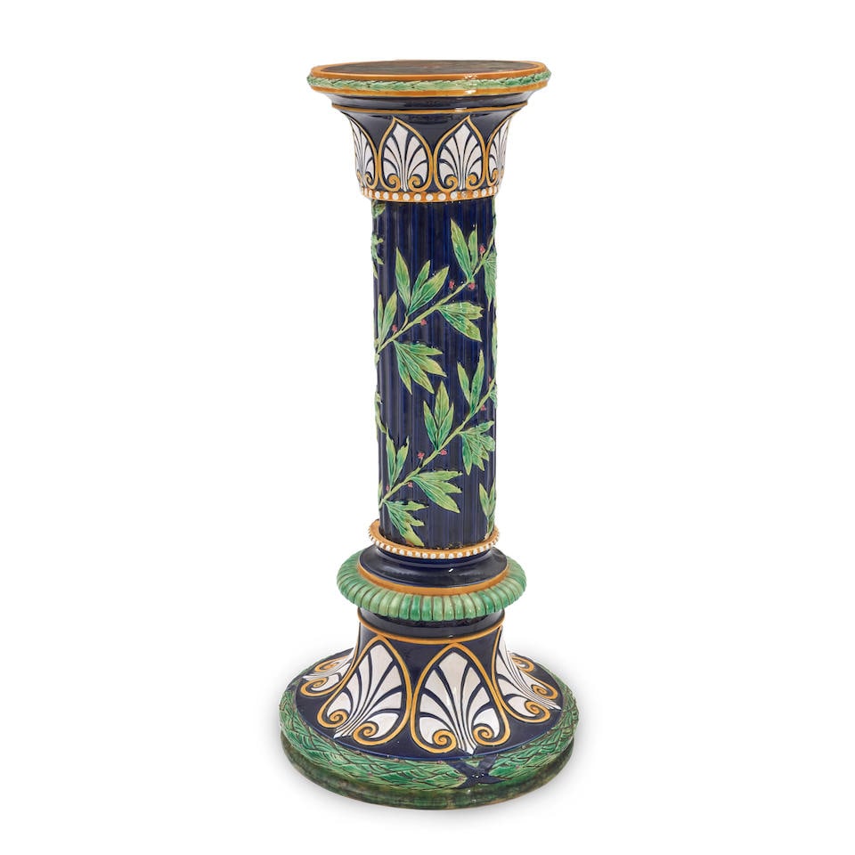 George Jones Majolica Pedestal, England, c. 1875,: George Jones Majolica Pedestal, England, c. 1875, polychrome enamel decorated with a foliate vine to a cobalt ground within palmette borders, ht. 36 in. For further information on this lot please visi
