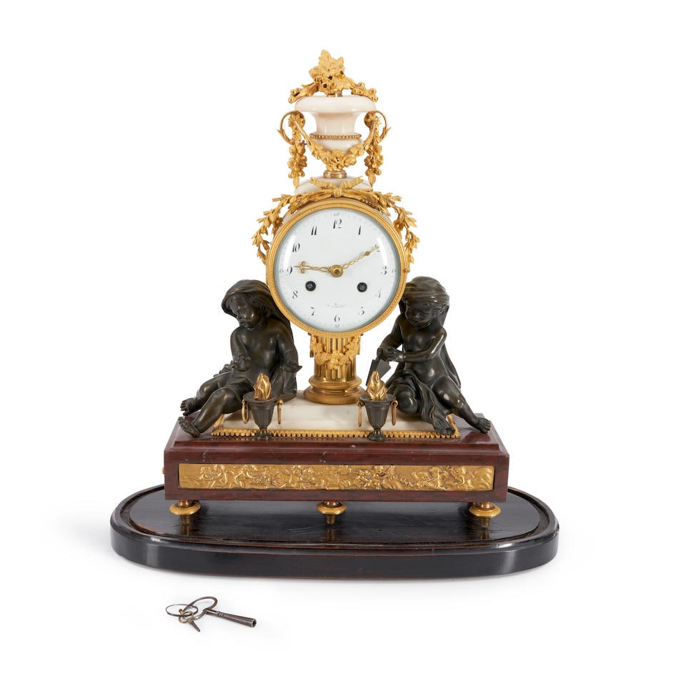 Louis XVI-style Gilt and Patinated Bronze Figural Clock, (1 of 1)