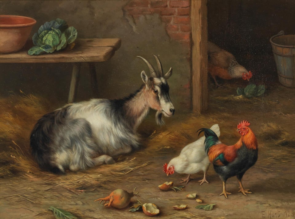 Edgar Hunt (British, 1876-1955) A goat and hens: Edgar Hunt (British, 1876-1955) A goat and hens signed and dated 'E Hunt 1923' (lower right) oil on canvas 31 x 41cm (12 3/16 x 16 1/8in). This lot is subject to the following lot symbols: AR AR Goods