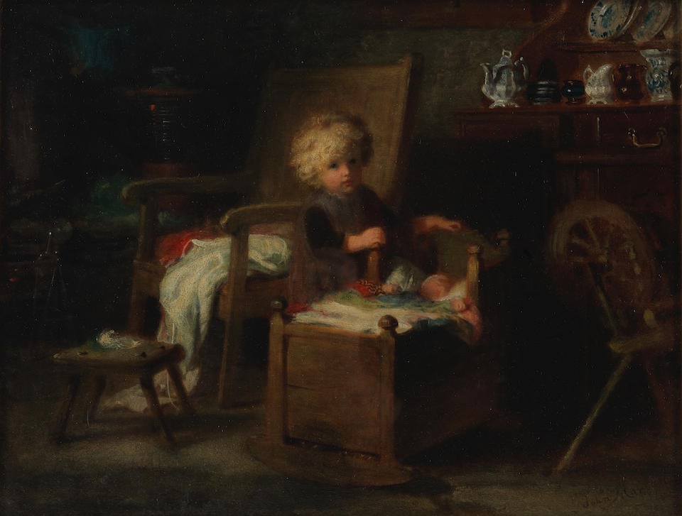 John Morgan, RBA (British, 1823-1886) 'Minding Baby': John Morgan, RBA (British, 1823-1886) 'Minding Baby' signed 'John Morgan' (lower right); further signed and titled (on the reverse) oil on canvas 28 x 36cm (11 x 14 3/16in). Footnotes: Provenance Purc