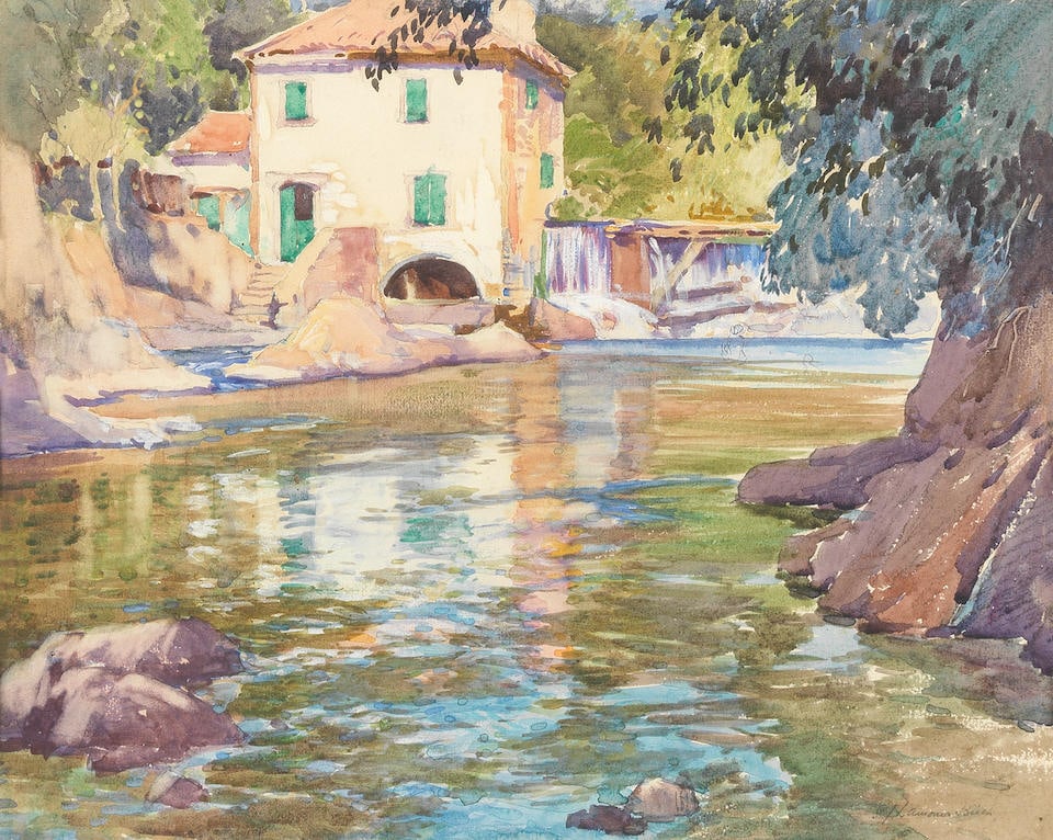 Samuel John Lamorna Birch, RA, RWS, RWA (British, 1869-1955) The watermill: Samuel John Lamorna Birch, RA, RWS, RWA (British, 1869-1955) The watermill signed 'S.J.Lamorna Birch' (lower right) watercolour 30 x 37cm (11 13/16 x 14 9/16in). This lot is subject to the following l