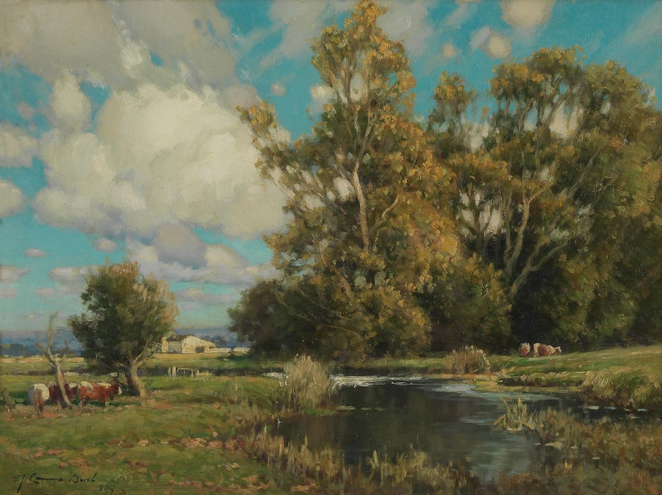 Samuel John Lamorna Birch, RA, RWS, RWA (British, 1869-1955) Cattle by a riverside: Samuel John Lamorna Birch, RA, RWS, RWA (British, 1869-1955) Cattle by a riverside signed and dated 'S.J.Lamorna Birch/1899' (lower left) oil on board 22.8 x 30.5cm (9 x 12in). This lot is subject to