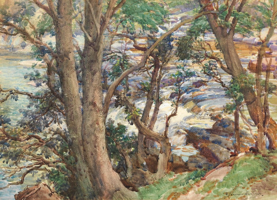 Samuel John Lamorna Birch, RA, RWS, RWA (British, 1869-1955) View through the trees: Samuel John Lamorna Birch, RA, RWS, RWA (British, 1869-1955) View through the trees signed and dated 'S.J Lamorna Birch 1911' (lower right) watercolour 36.5 x 51.5cm (14 3/8 x 20 1/4in). Footnotes: Pr