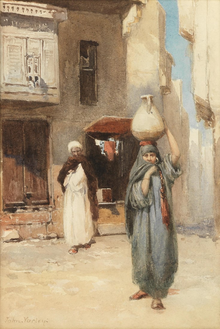 John Varley Jnr. (British, 1850-1933) A North African water carrier: John Varley Jnr. (British, 1850-1933) A North African water carrier signed 'John.Varley.' (lower left) watercolour heightened with white and traces of pencil 26 x 18cm (10 1/4 x 7 1/16in). For further