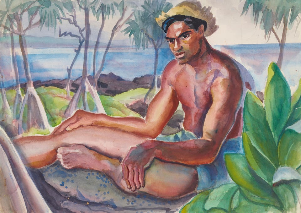Robert Eskridge (1891-1975) Hawaiian at Hana, Maui 21 1/4 x 29 3/4 in. (54 x 75.6 cm) (Painted i...: Robert Eskridge (1891-1975) Hawaiian at Hana, Maui signed 'Robert Lee Eskridge' (lower right), titled, dated and inscribed '1950' (on the reverse) watercolor and graphite on paper 21 1/4 x 29 3/4 in.
