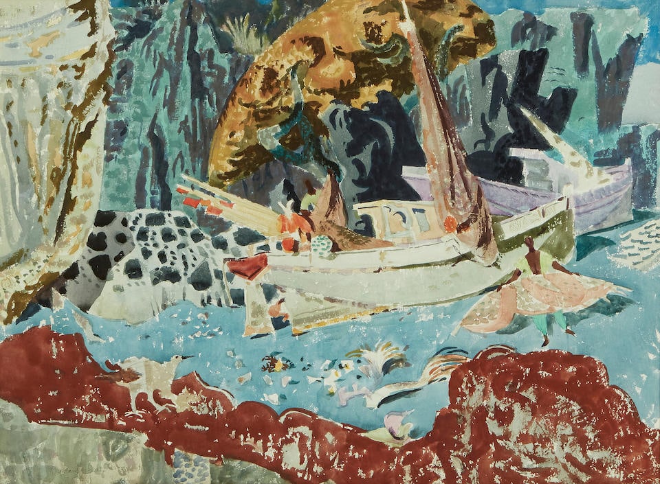 Millard Sheets (1907-1989) Hidden Cove - Island of Hawaiʻi 21 1/2 x 29 1/2 in. (54.6 x 74.9...: Millard Sheets (1907-1989) Hidden Cove - Island of Hawaiʻi signed and dated 'Millard Sheets 1951' (lower left), signed again, titled and dated '1950' (on the reverse) watercolor and graphite on p