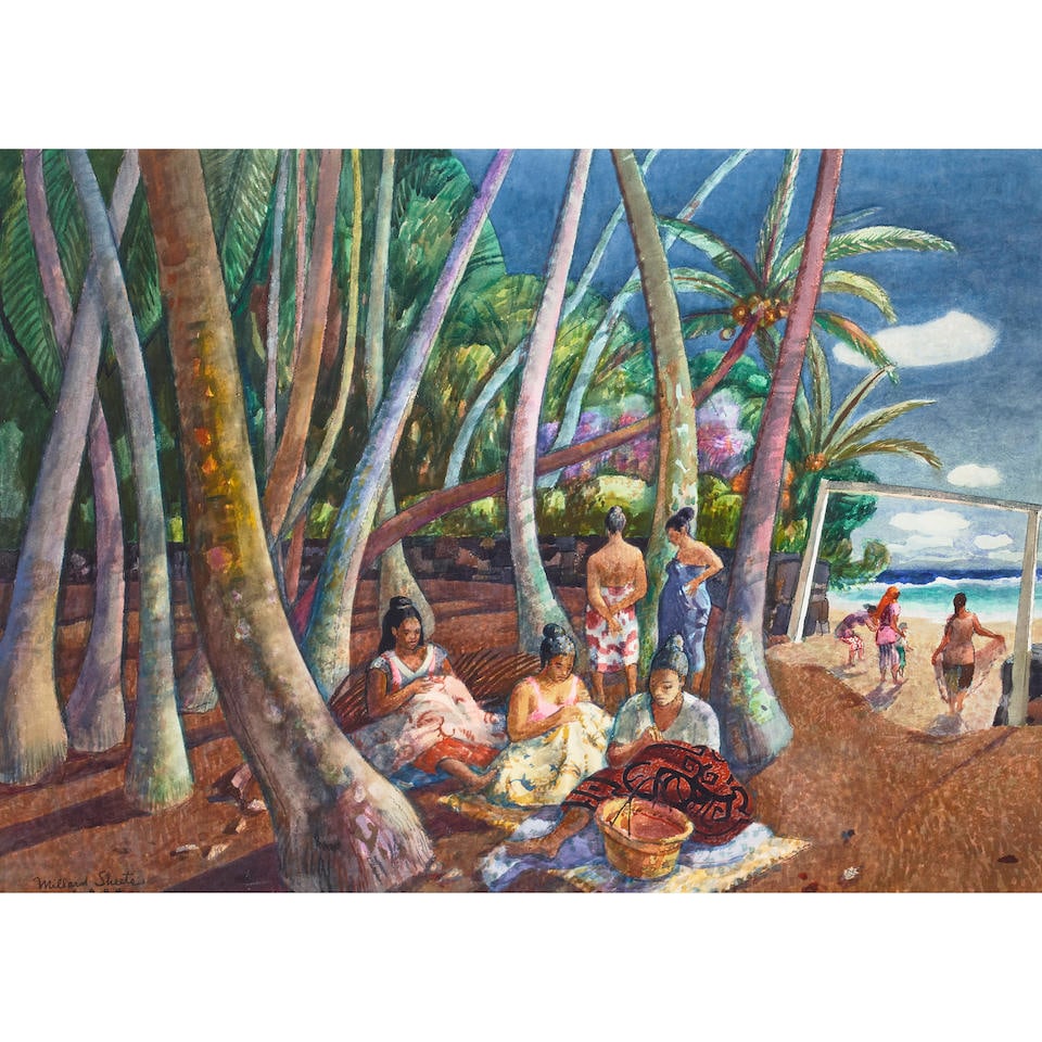 Millard Sheets (1907-1989) Quilt Making, Hawai'i 29 x 40 in. (73.7 x 101.6 cm) (Painted in 1984.): Millard Sheets (1907-1989) Quilt Making, Hawai'i signed and dated 'Millard Sheets 1984' (lower left), signed and dated again and titled (on the backing) watercolor and ink on paper 29 x 40 in. (73.7 x