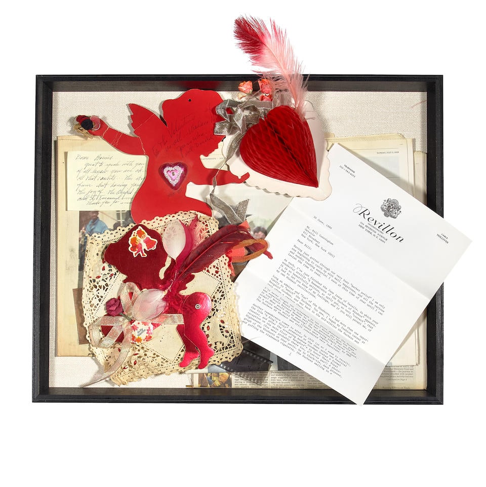 A GROUP OF BILL CUNNINGHAM VALENTINES FOR ANNIE FLANDERS. Three cardboard and lace valentines tr...: A GROUP OF BILL CUNNINGHAM VALENTINES FOR ANNIE FLANDERS. Three cardboard and lace valentines trimmed with ribbons and feathers, one featuring a three-dimensional crepe-paper heart, two with undated i