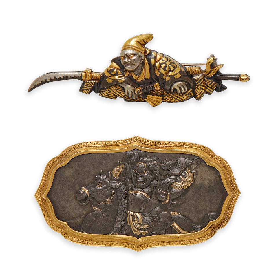 TWO SHAKUDO BROOCHES: TWO SHAKUDO BROOCHES Each depicting warriors, one on horseback, 18k gold frame and mother-of-pearl back, and the other silver, length 2 1/2, 2 3/4 in. Footnotes: Please note this item cannot be shippe