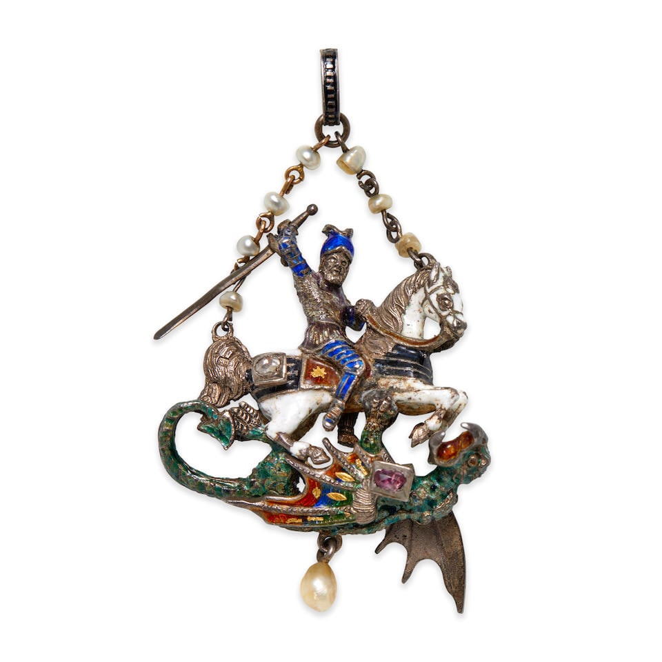 A RENAISSANCE REVIVAL SILVER AND ENAMEL SAINT GEORGE AND THE DRAGON PENDANT (1 of 2)