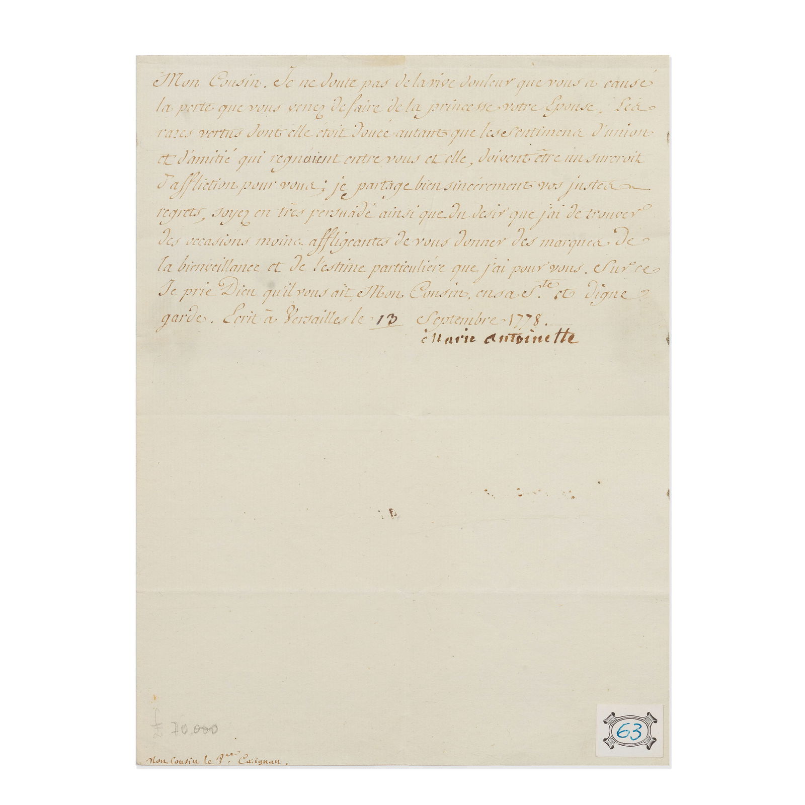 MARIE ANTOINETTE Letter signed ('Marie Antoinette'), Versailles, 13 September 1778 (1 of 1)