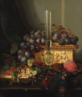 Edward Ladell (British, 1821-1886) Still life with fruit, ivory box and glass vase: Edward Ladell (British, 1821-1886)Still life with fruit, ivory box and glass vase signed with monogram (lower left)oil on canvas35.5 x 30.5cm (14 x 12in).Footnotes:ProvenanceWith M. Newman Ltd.,