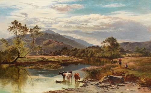 Sidney Richard Percy (British, 1821-1886) River landscape with cattle watering: Sidney Richard Percy (British, 1821-1886) River landscape with cattle watering signed and dated 'S R Percy. 1870' (lower right) oil on canvas 61 x 96.5cm (24 x 38in). Footnotes: Provenanc