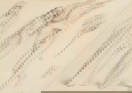 Simeon Solomon (British, 1840-1905) Cupid luring away from chastity: Simeon Solomon (British, 1840-1905) Cupid luring away from chastity signed with initials and dated 'SS/1865/74' (lower right) pencil, red chalk and pen and ink 25.1 x 35.5cm (9 7/8 x 14in). Footnote