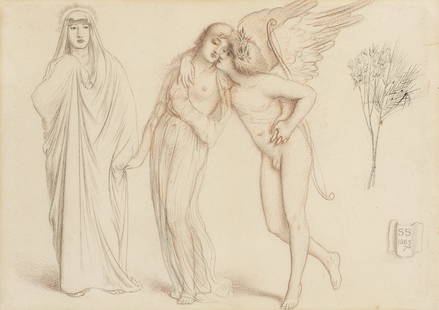 Simeon Solomon (British, 1840-1905) Cupid luring away from chastity: Simeon Solomon (British, 1840-1905) Cupid luring away from chastity signed with initials and dated 'SS/1865/74' (lower right) pencil, red chalk and pen and ink 25.1 x 35.5cm (9 7/8 x 14in). Footnote