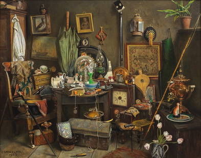 Charles Spencelayh, RMS, HRBSA (British, 1865-1958) Grandfather's and Grandmother's treasures: Charles Spencelayh, RMS, HRBSA (British, 1865-1958) Grandfather's and Grandmother's treasures signed and dated 'C.SPENCELAYH./1945.' (lower left); inscribed in pencil (on overlap) oil on canvas 41 x 5