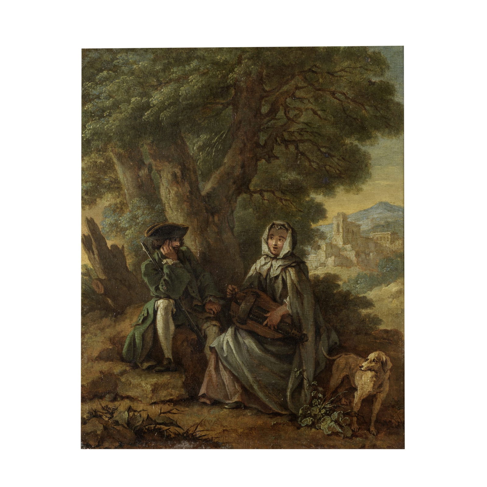 Entourage de Jean-Baptiste Oudry (Paris 1686-1755 Beauvais) Le repos du chasseur au son de la vi...: Entourage de Jean-Baptiste Oudry (Paris 1686-1755 Beauvais) Le repos du chasseur au son de la vielle huile sur cuivre oil on copper 24.5 x 19.5cm (9 5/8 x 7 11/16in).