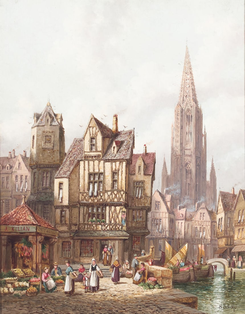 Henry Schafer (German, 1833-1916) A lively market, Frieburg 18 1/8 x 14 1/8in (46 x 35.9cm) (1 of 3)