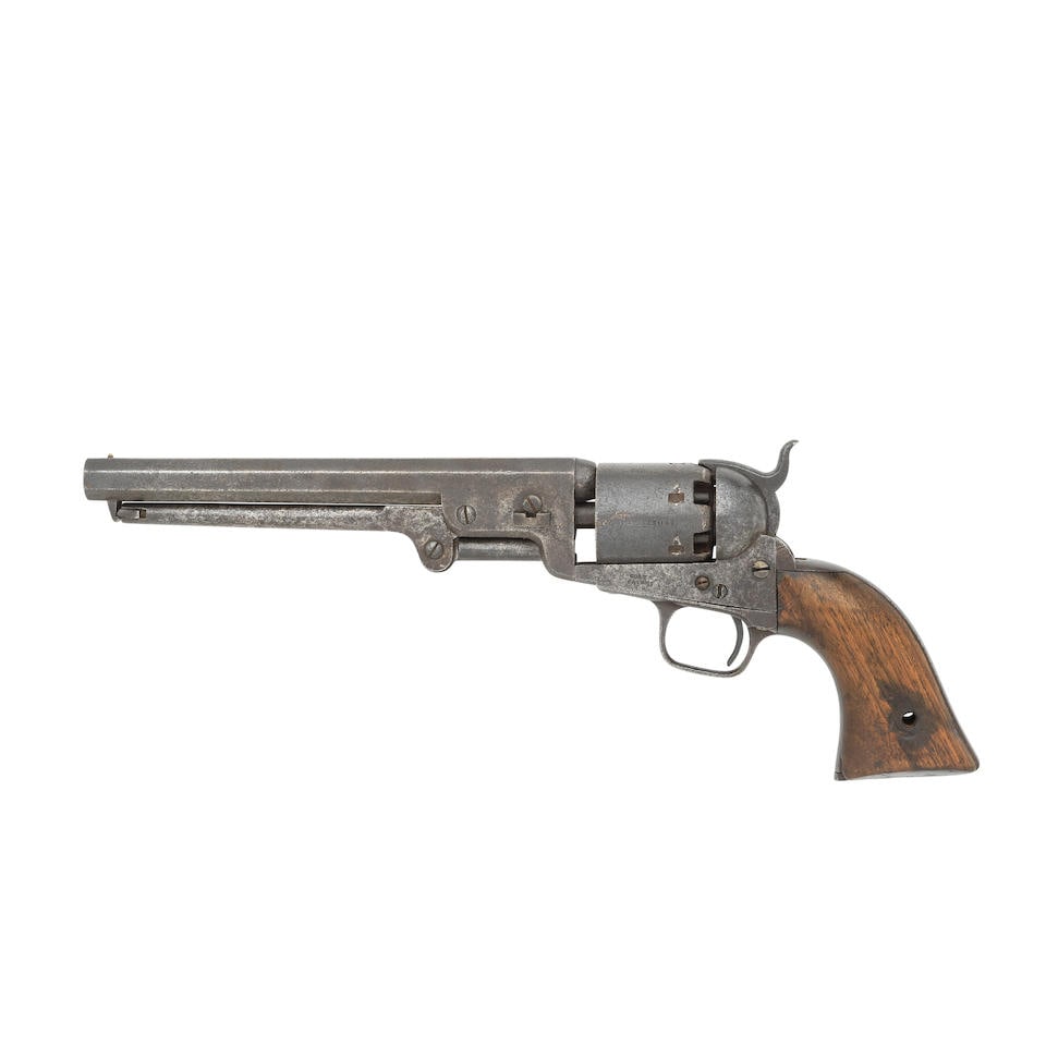 A Colt 1851 Model Navy Percussion Revolver: A Colt 1851 Model Navy Percussion Revolver No. 19041 For 1855 The barrel with London address, cylinder originally with roll engraved naval engagement scene, steel trigger-guard and back-strap, rammer,