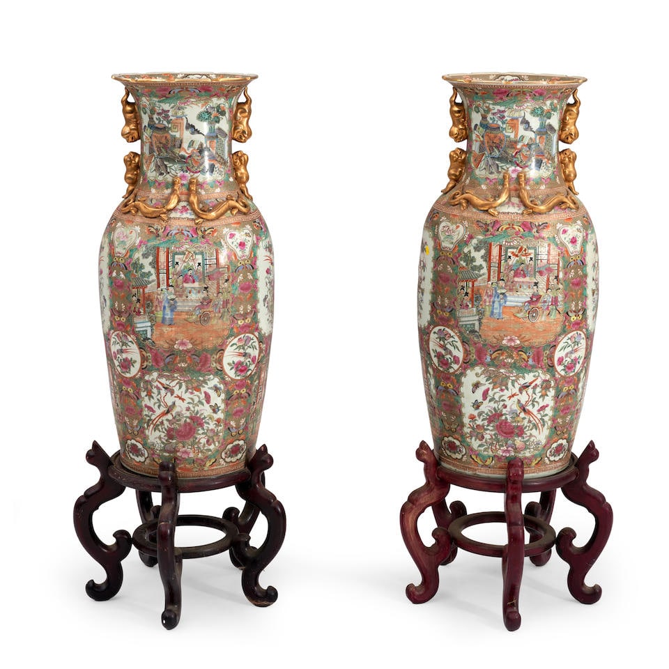PAIR OF ROSE MEDALLION FLOOR VASES (1 of 3)