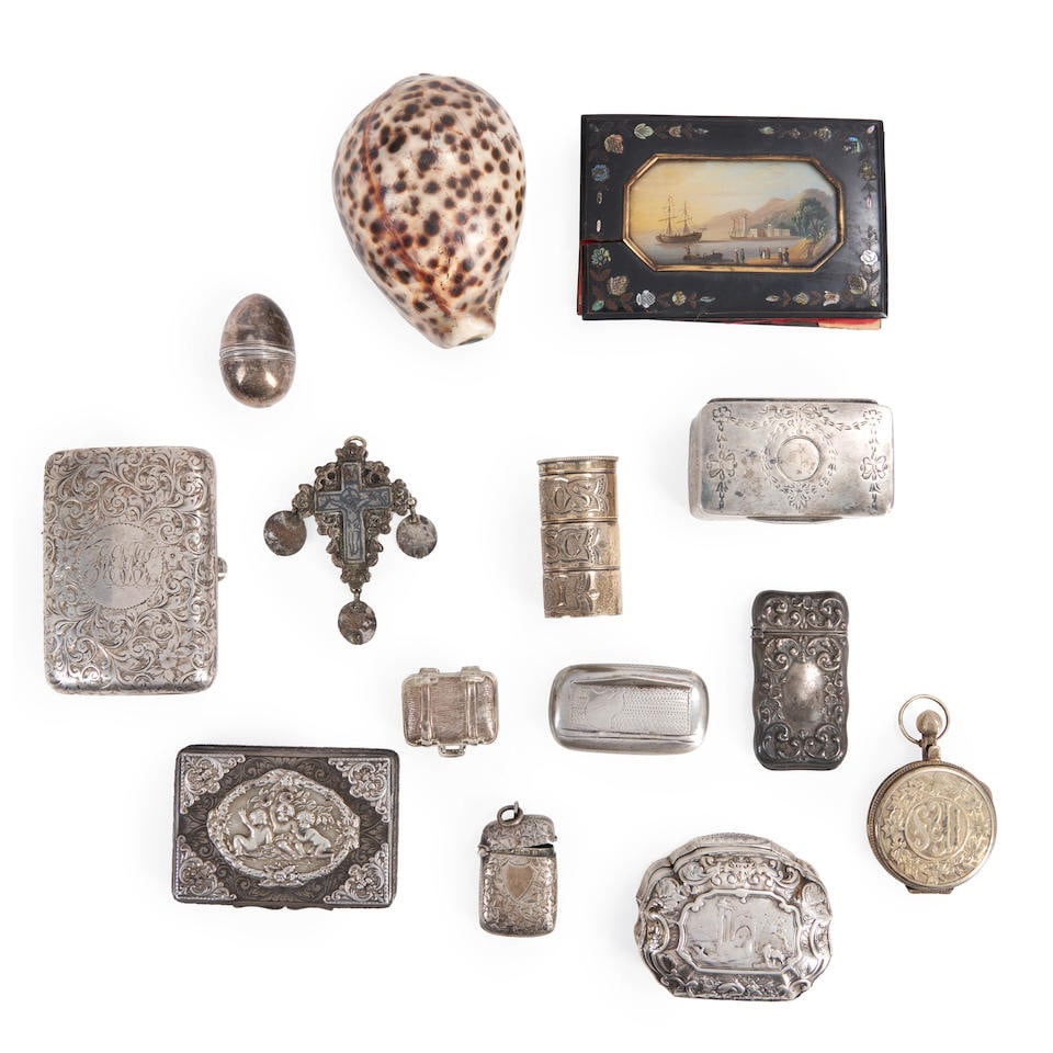 FOURTEEN SILVER AND DECORATIVE BOXES: FOURTEEN SILVER AND DECORATIVE BOXES • Sterling silver cigarette cases, match safes, vinaigrettes, and gold-washed boxes • .800 silver snuff box and figural box • 19th century shell