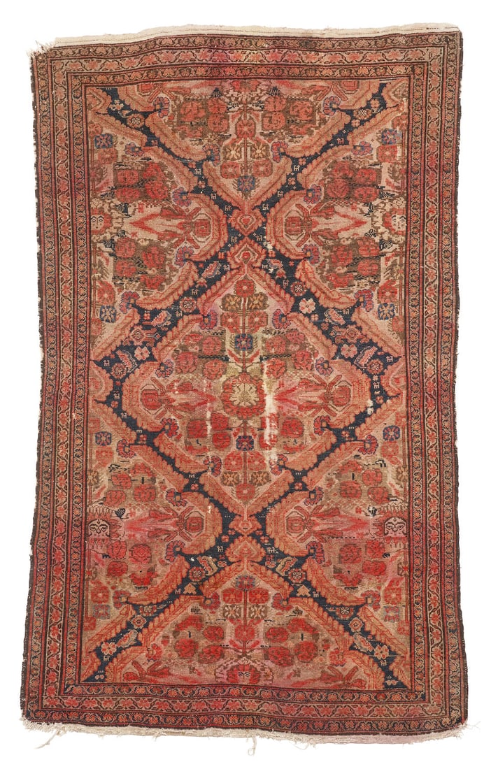 MALAYER RUG: MALAYER RUG • Iran • Early 20th century • 3' 10 ' x 6' 2' overall size Footnotes: OVERALL CONDITION: Good/Fair. Wear consistent with age and use. This condition report is provided fo