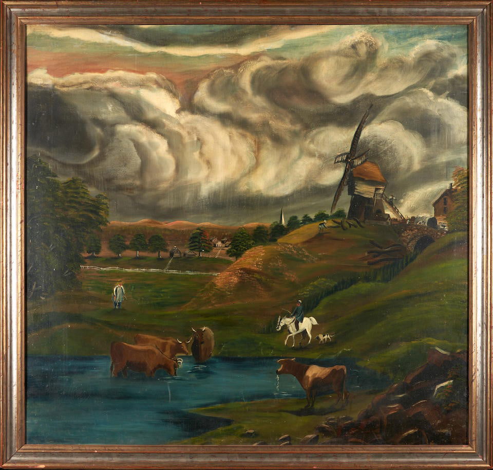AMERICAN SCHOOL, 19TH/20TH CENTURY A RURAL FARM LANDSCAPE WITH CATTLE, A WINDMILL, AND FIGURES U... (1 of 3)