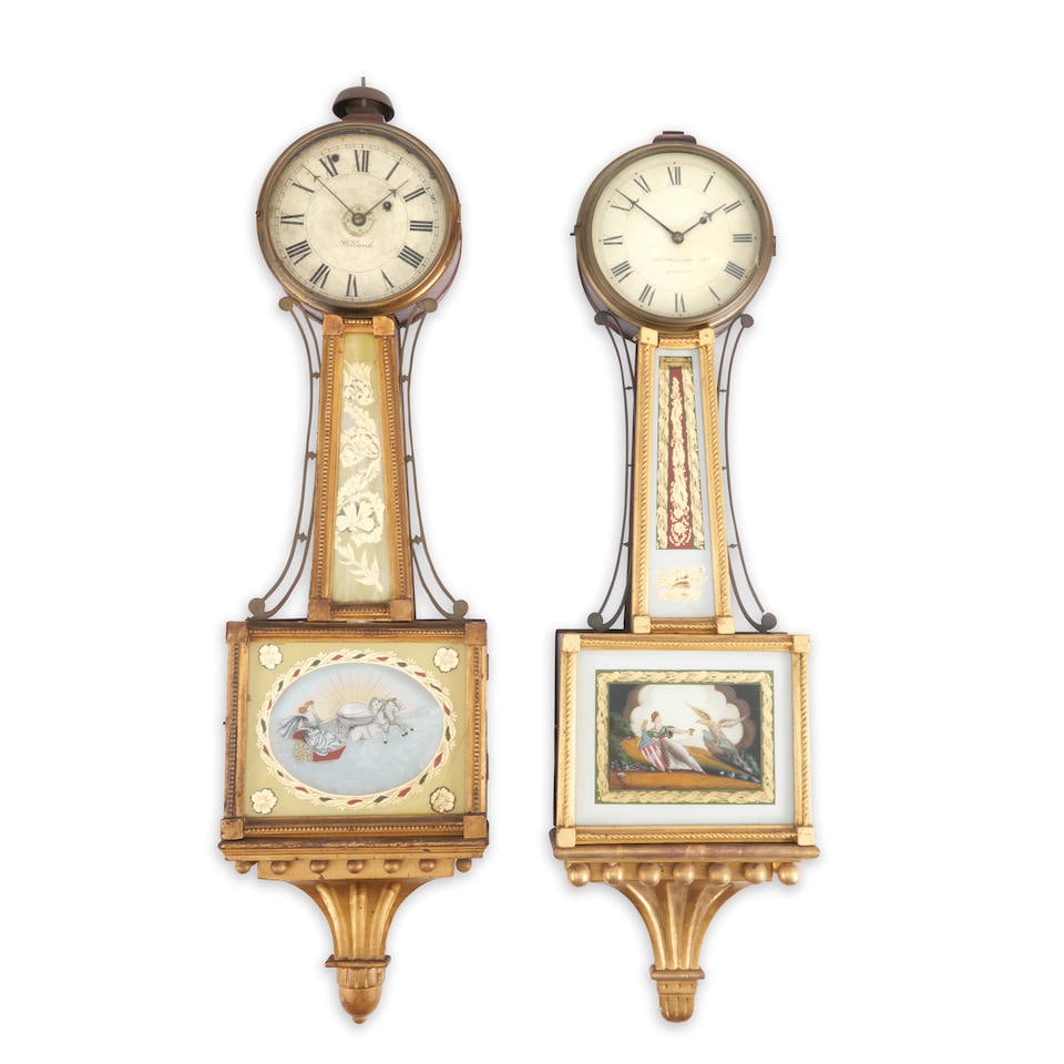 TWO BANJO TIMEPIECES WITH RAPAINTED EGLOMISE PANELS (1 of 1)