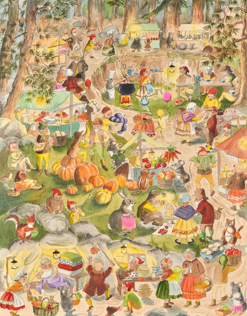 AMERICAN SCHOOL, 20TH CENTURY A FANTASTICAL VILLAGE SCENE (1 of 4)