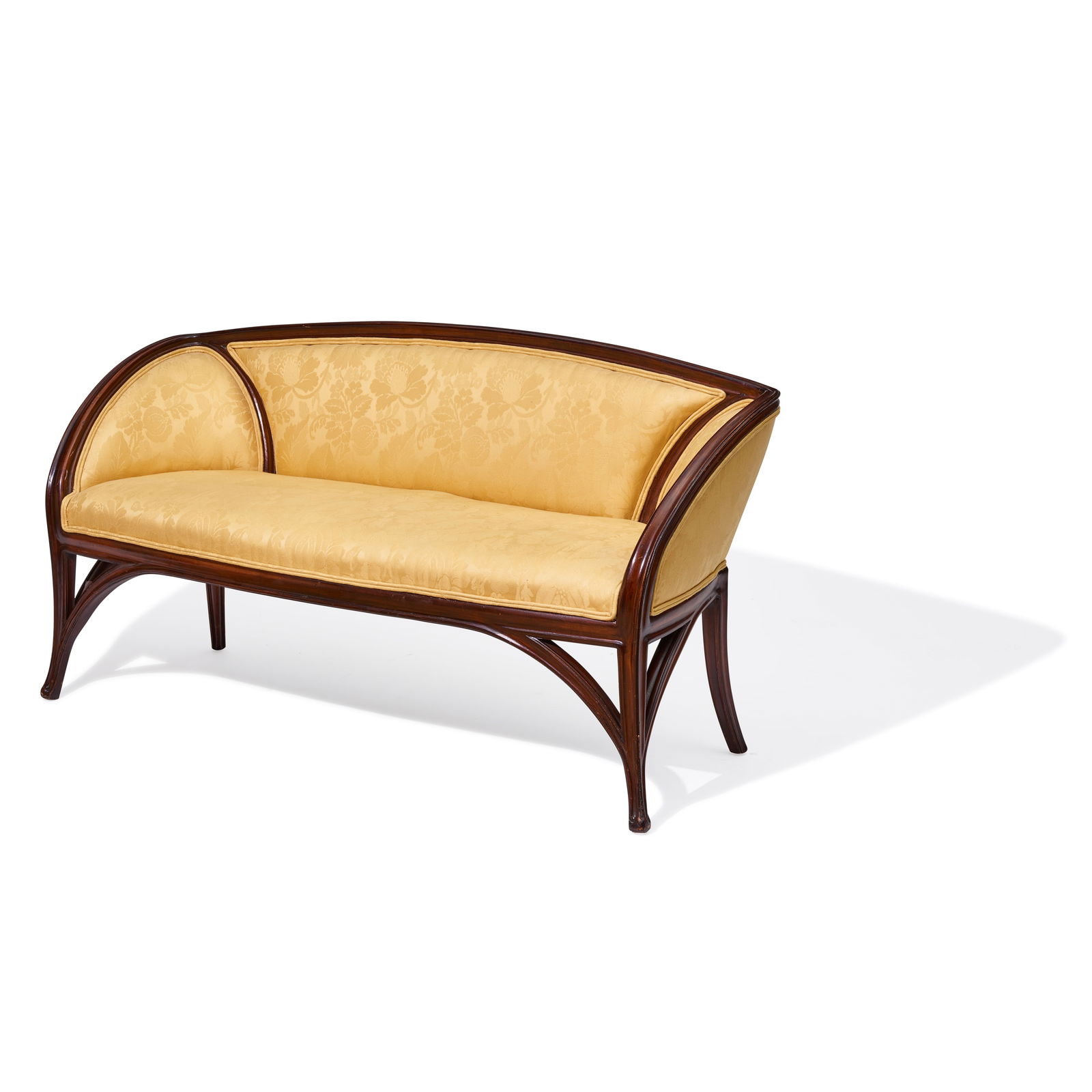 CAMILLE GAUTHIER; ATTRIBUTED TO (1870-1963) Setteecirca 1900carved walnut, upholsteryheight 31in...: CAMILLE GAUTHIER; ATTRIBUTED TO (1870-1963) Settee circa 1900 carved walnut, upholstery height 31in (78.7cm); width 59 1/2in (151.1cm); depth 23 1/2in (59.7cm) Footnotes: Provenance Private Collection