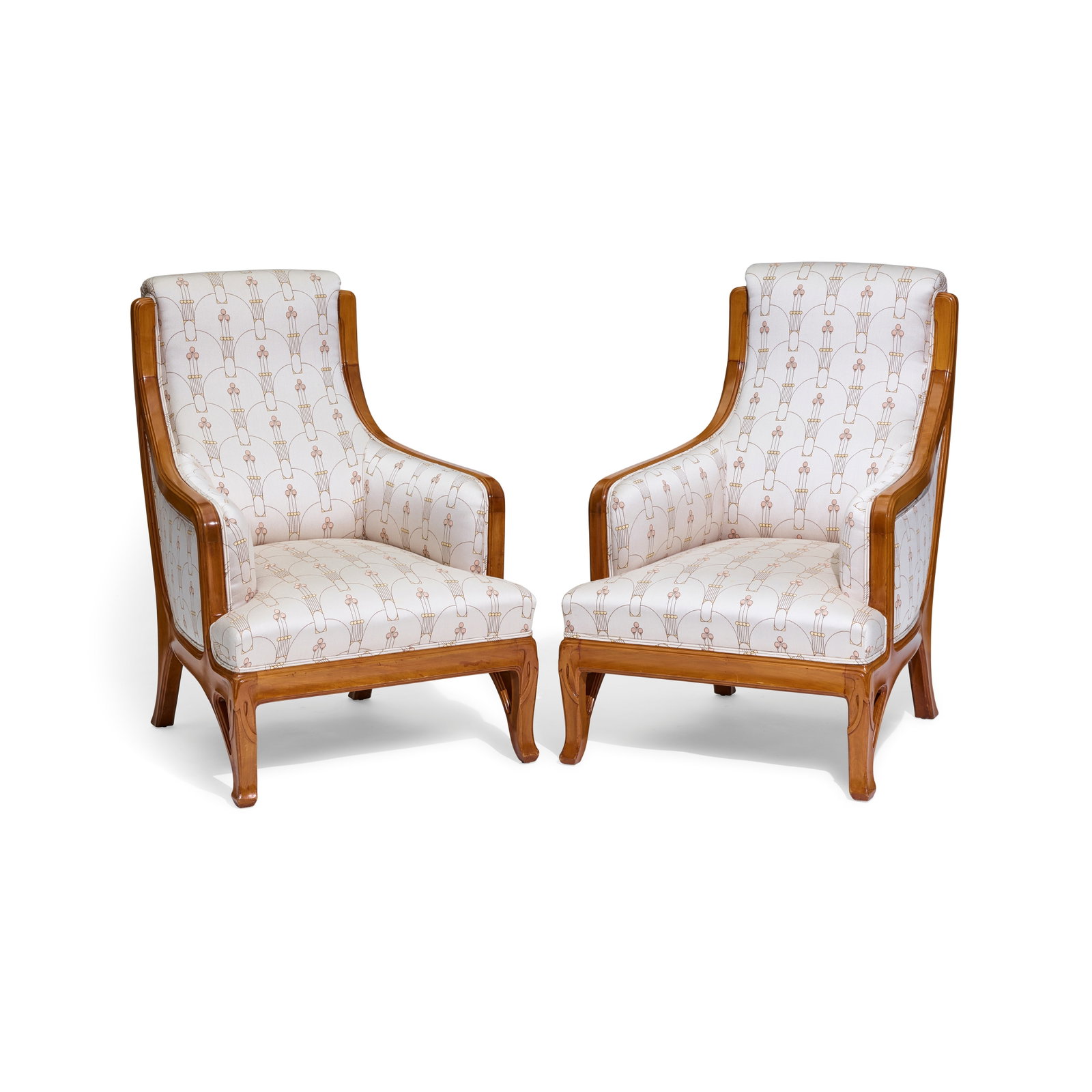 FRENCH ART NOUVEAU Pair of Lounge Chairscirca 1900sycamore, upholsteryheight 41 1/4in (105cm); w...: FRENCH ART NOUVEAU Pair of Lounge Chairs circa 1900 sycamore, upholstery height 41 1/4in (105cm); width 27 1/2in (70in); depth 32 1/2in (83cm) This lot is subject to the following lot symbols: W &