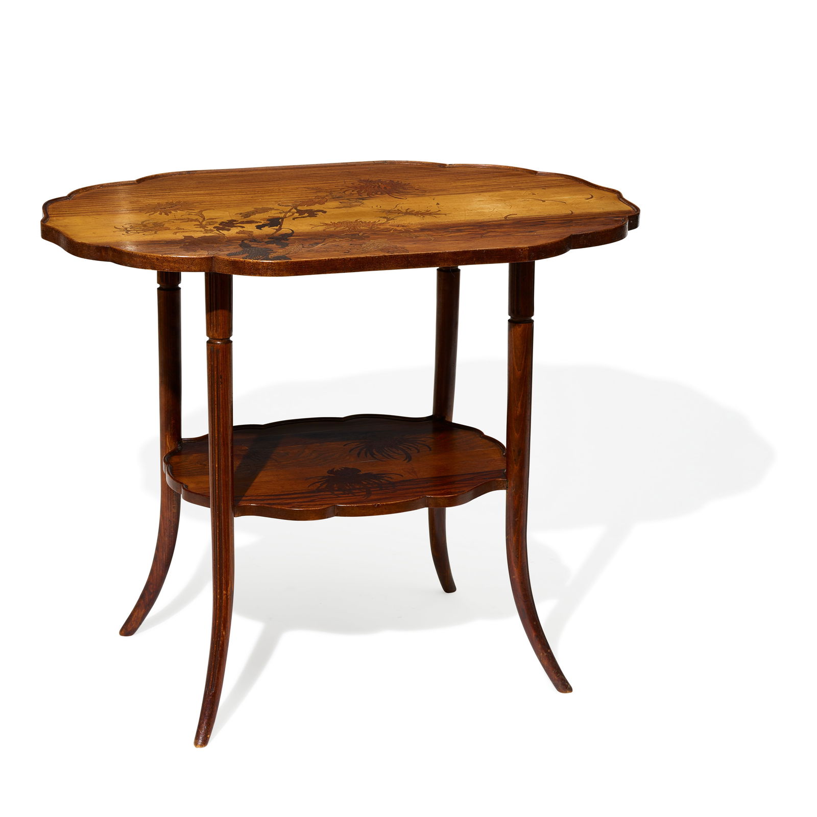 ÉMILE GALLÉ (1846-1904) Lobed Two-Tiered Tablecirca 1900marquetry inlaid walnut, signe... (1 of 2)