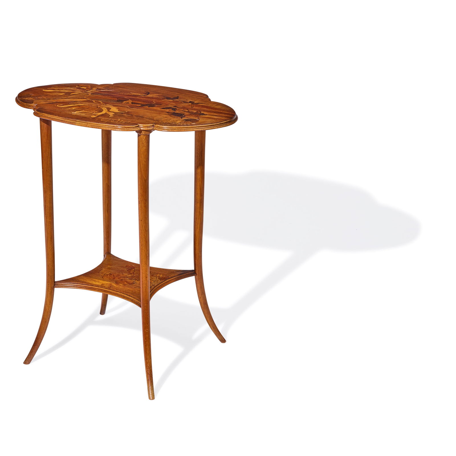 ÉMILE GALLÉ (1846-1904) Lobed Two-Tiered Tablecirca 1900fruitwood, marquetry, signed i... (1 of 2)