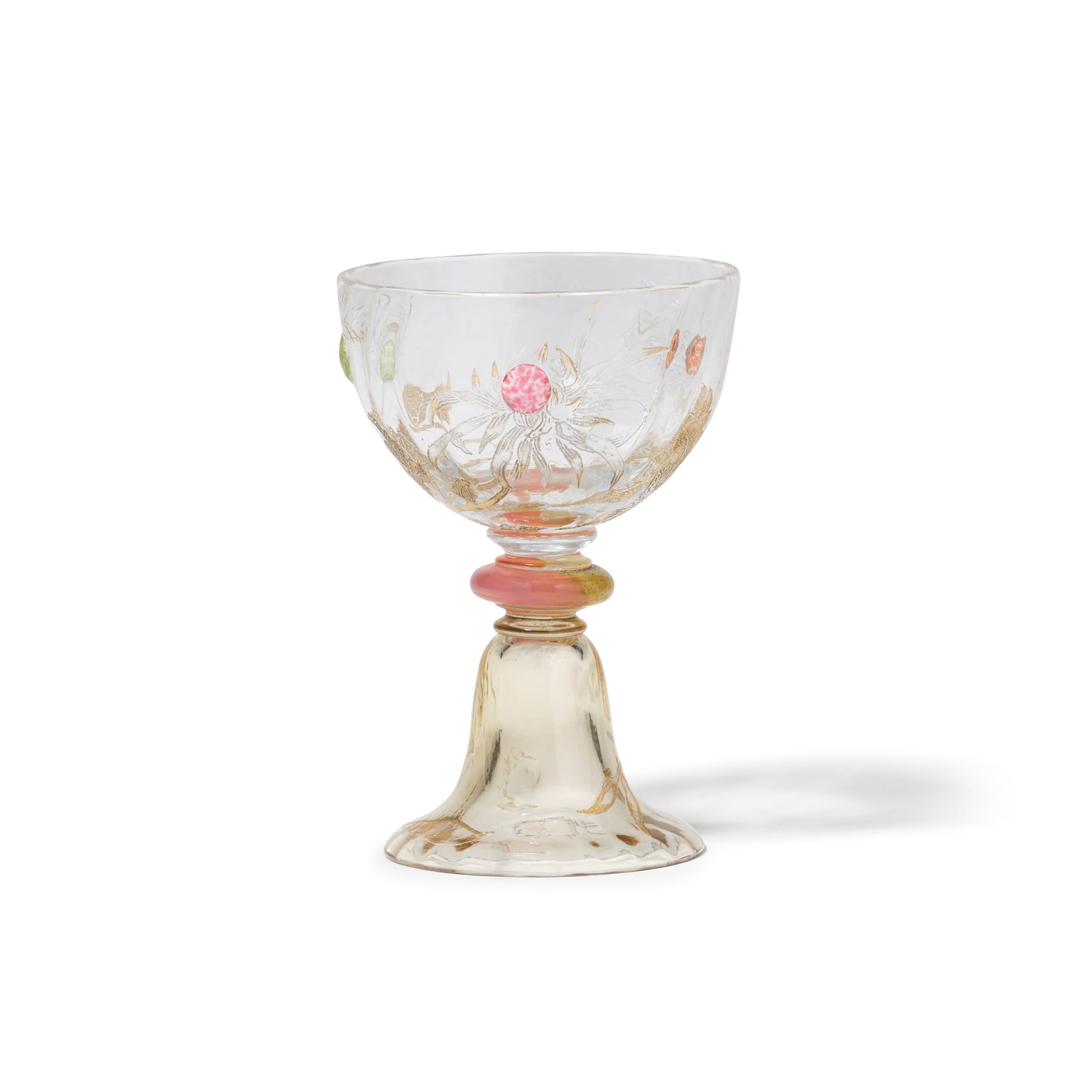 EMILE GALLÉ (1846-1904) Chrysanthemum Goblet1890setched and gilt decorated glass with jewel...: EMILE GALLÉ (1846-1904) Chrysanthemum Goblet 1890s etched and gilt decorated glass with jeweled decoration, signed in relief 'E. Gallé Nancy' height 4 1/4in (10.5cm); diameter 2 1/2in (6.5cm